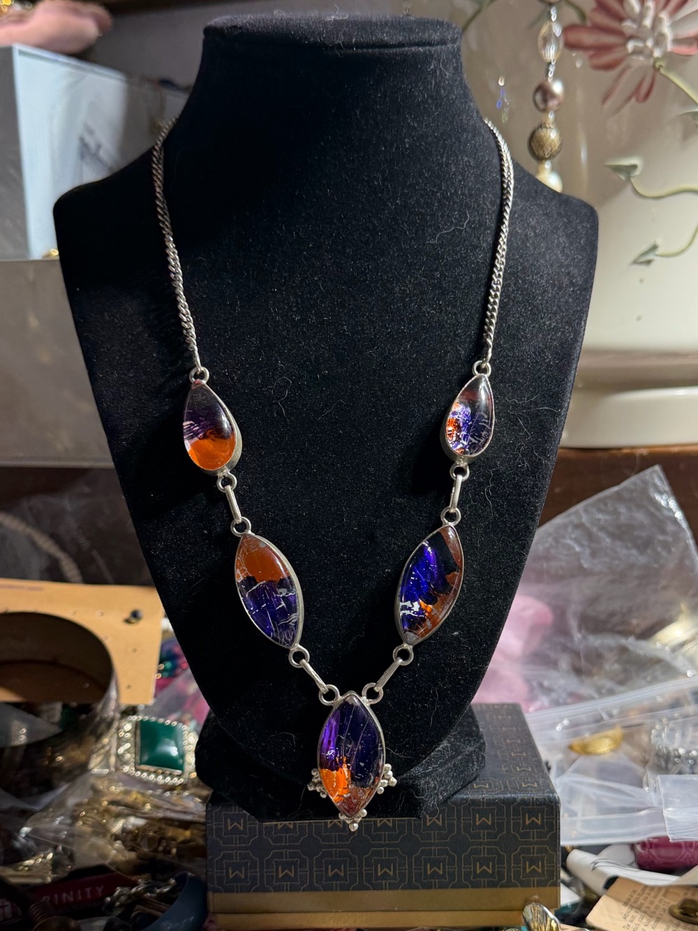 Vintage Silver Tone Purple Orange Crystal Pendant Necklace